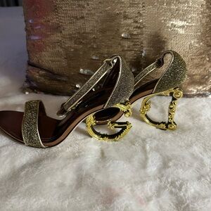 Dolce & Gabbana Gold Glitter Open-Toe High Heels with Ornate G Heel